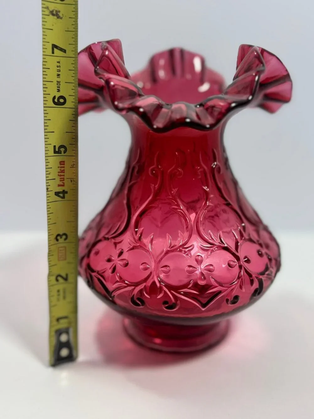 Fenton Vintage Cranberry Glass Heart & Vine Embossed Vase Double Crimped Ruffled